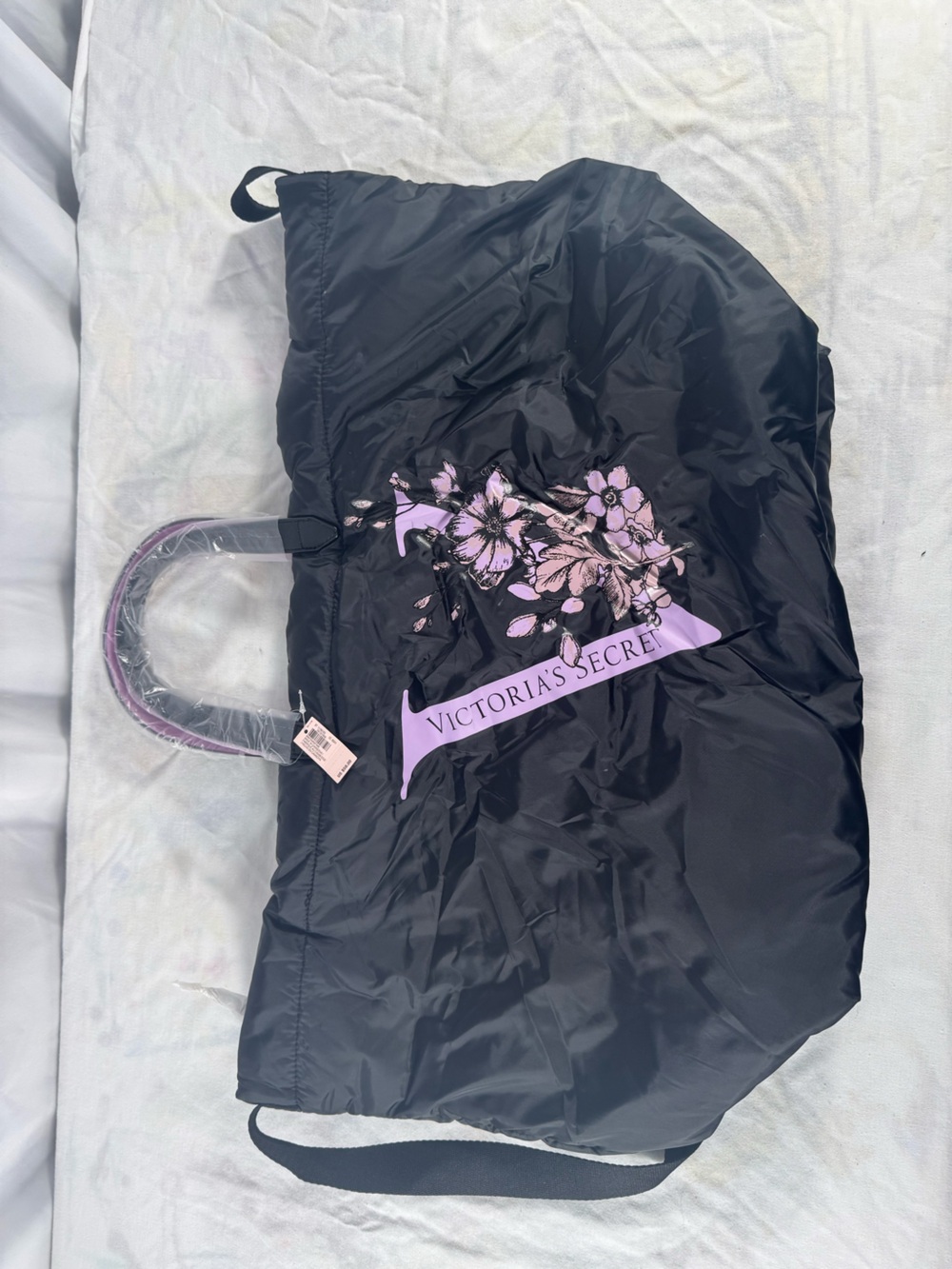 NWT Victoria's Secret Black Puffy Nylon Tote Bag Lilac Floral V Logo Y2K